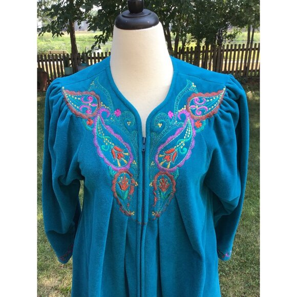 Vintage Vanity Fair Embroidered Zip-Up Long Robe M Teal USA ComfyMrs Roper - Picture 2 of 6